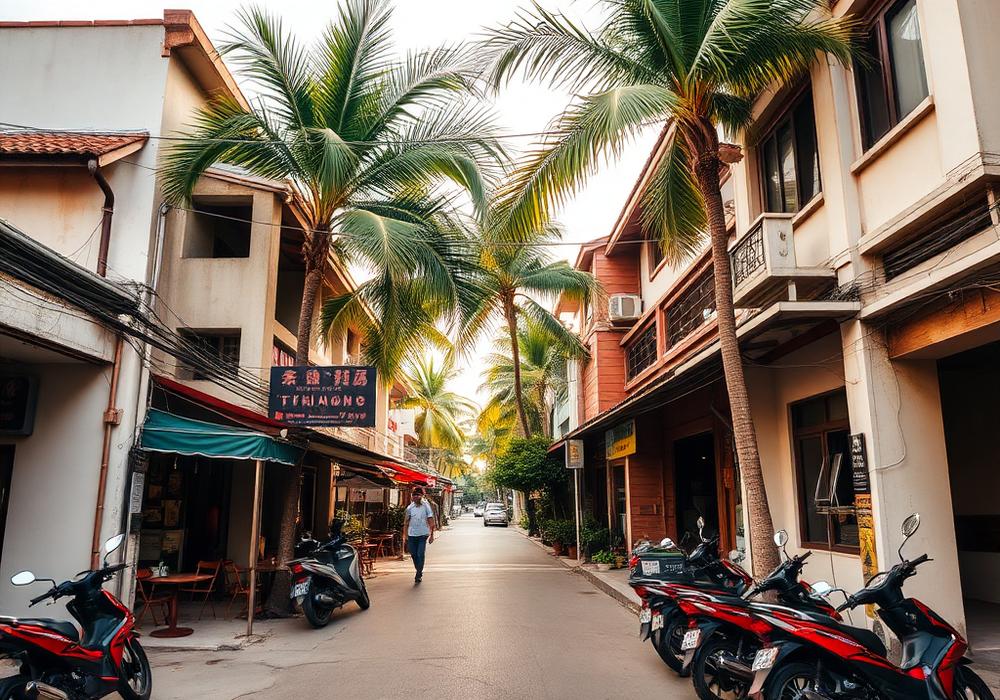 Street in the An Thuong neighbourhood of Da Nang with cafés, palm trees and parked motorbikes