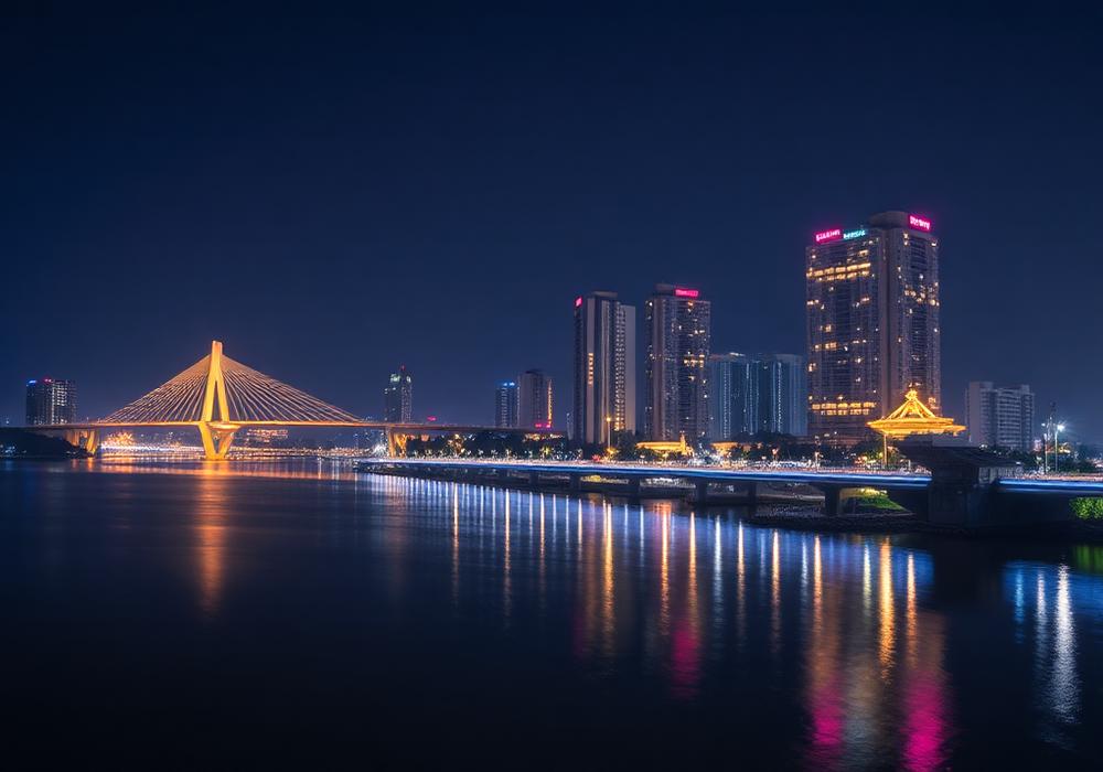 Han River in Da Nang at night with illuminated bridges and riverside towers