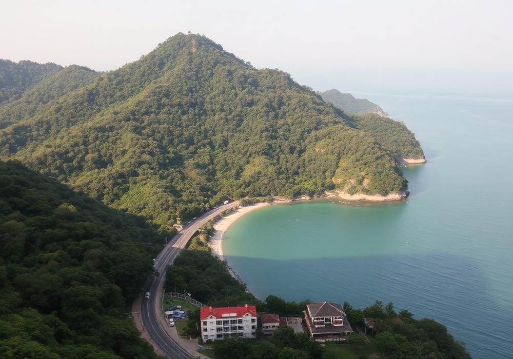 Green forested Son Tra peninsula meeting the sea near Da Nang