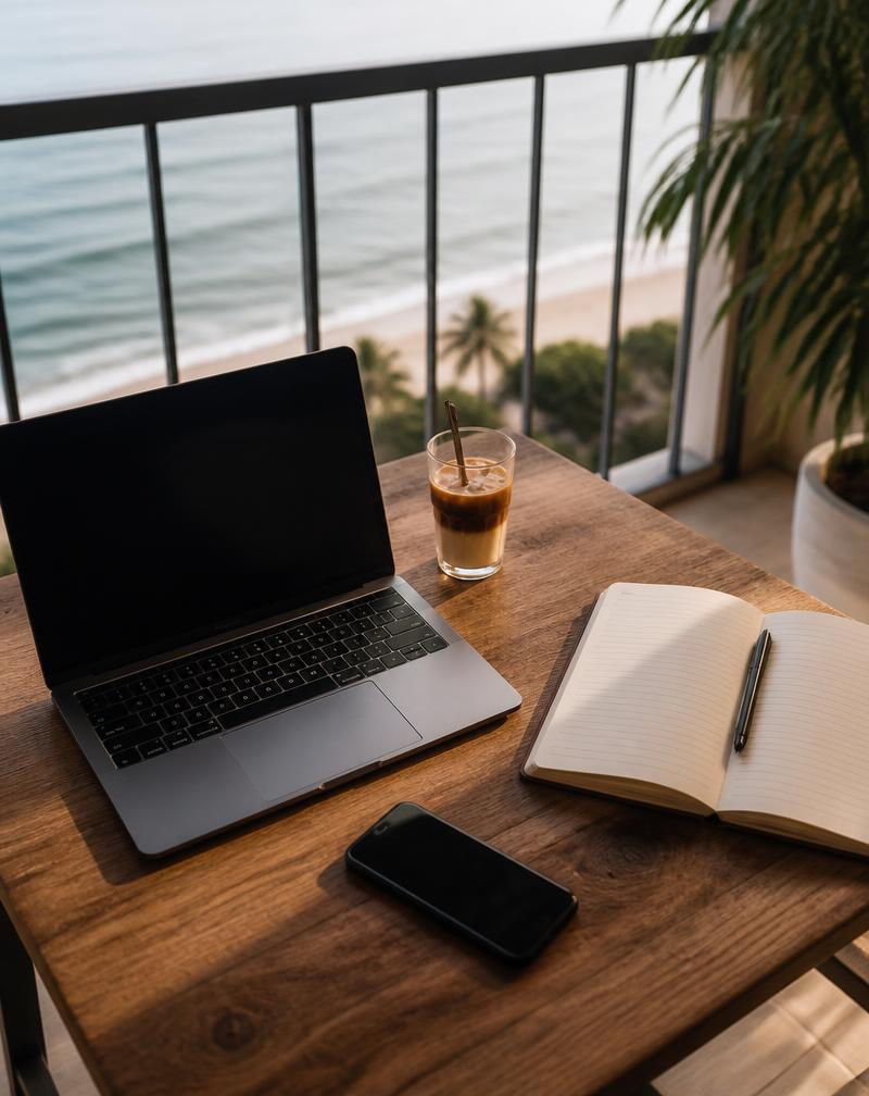 Laptop workspace with Vietnamese coffee overlooking the ocean in Da Nang